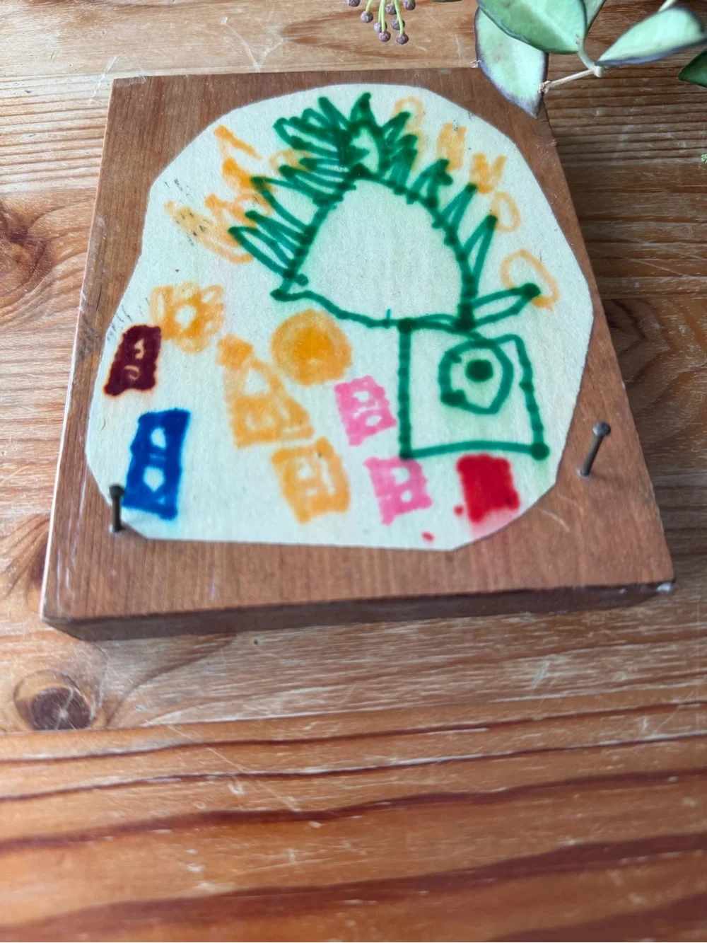 Vintage Handmade Child's Artwork Plaque with Hooks